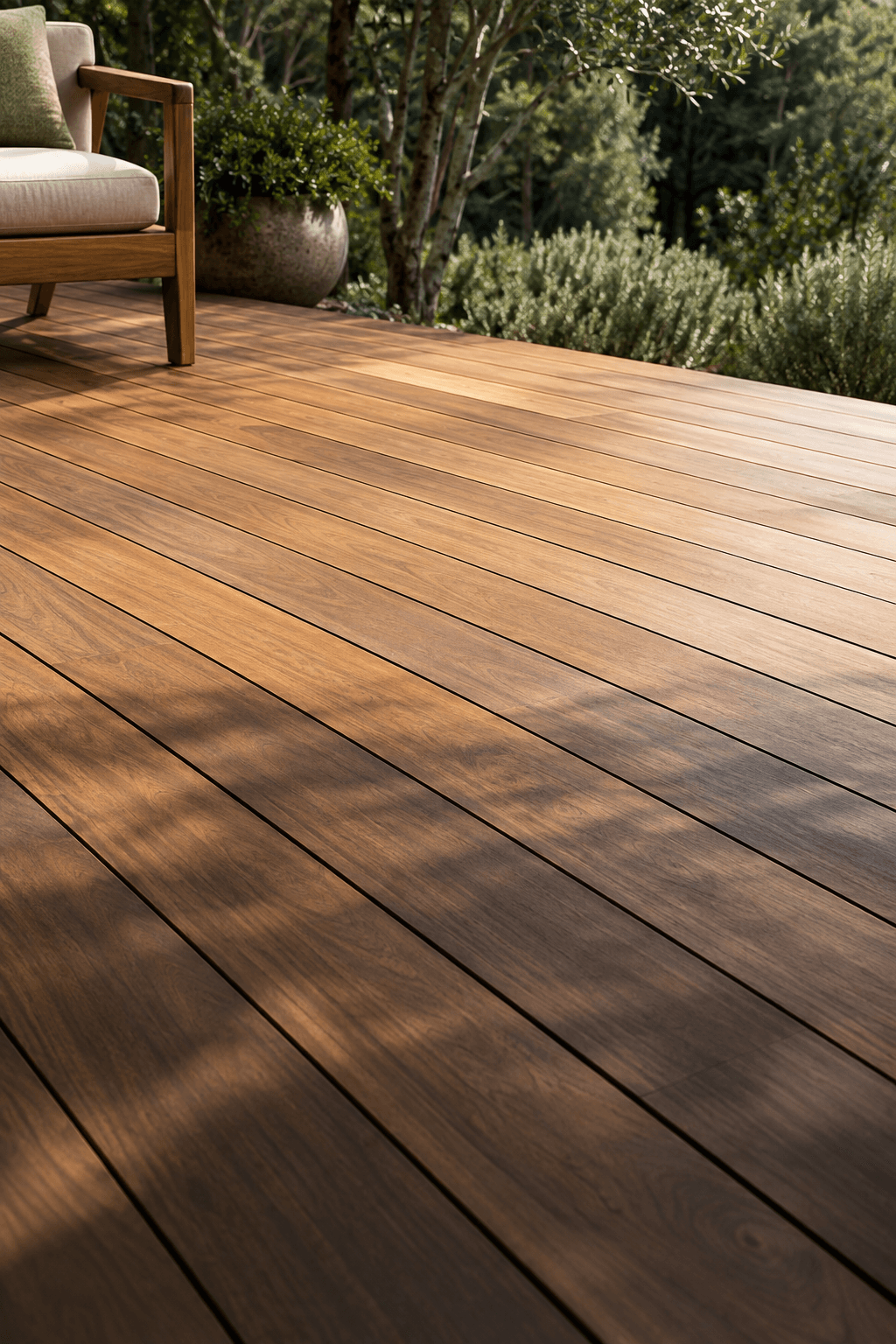 A quiet terrace with natural hardwood decking surrounded by greenery