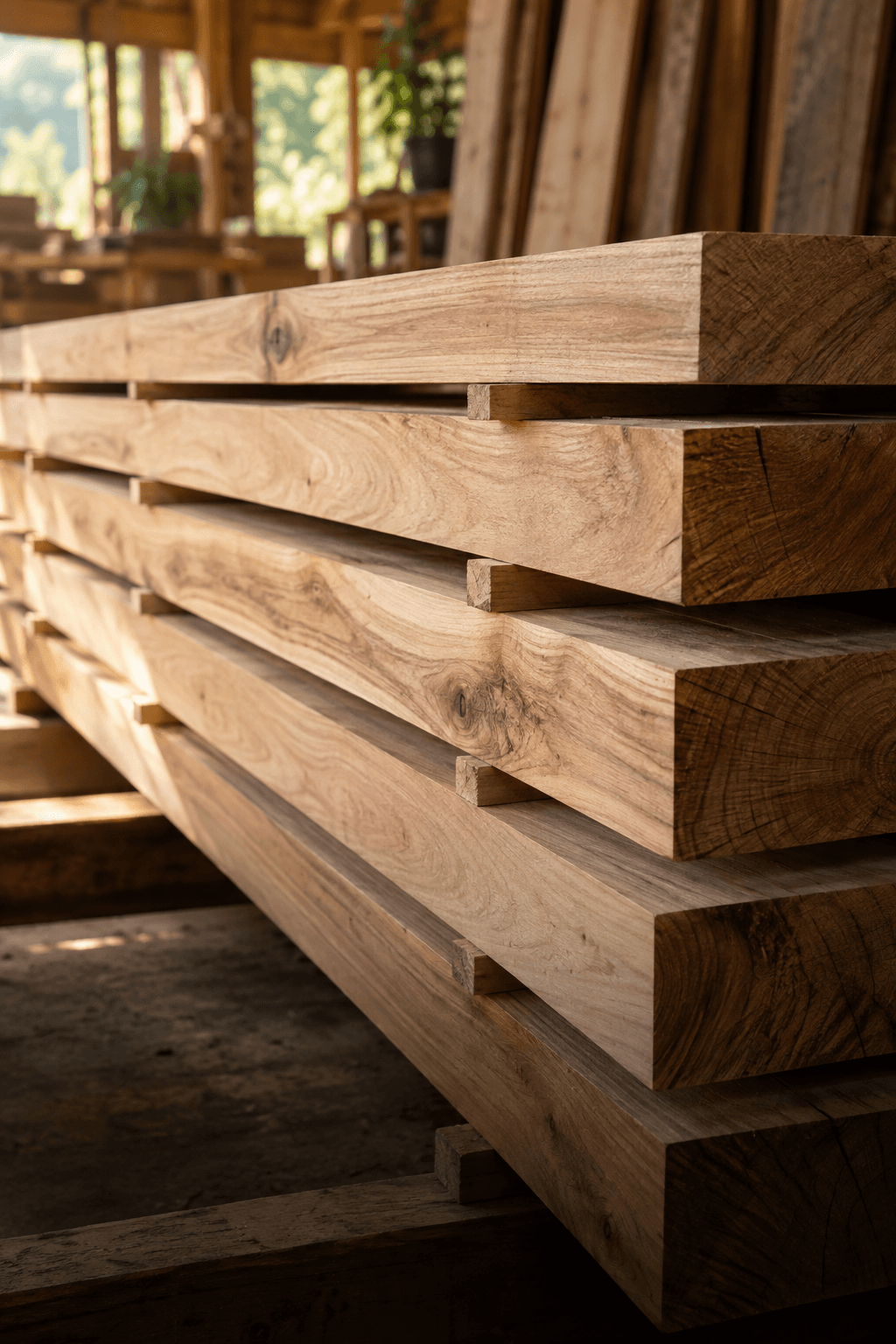 Neatly stacked hardwood boards with visible grain in a woodworking workshop