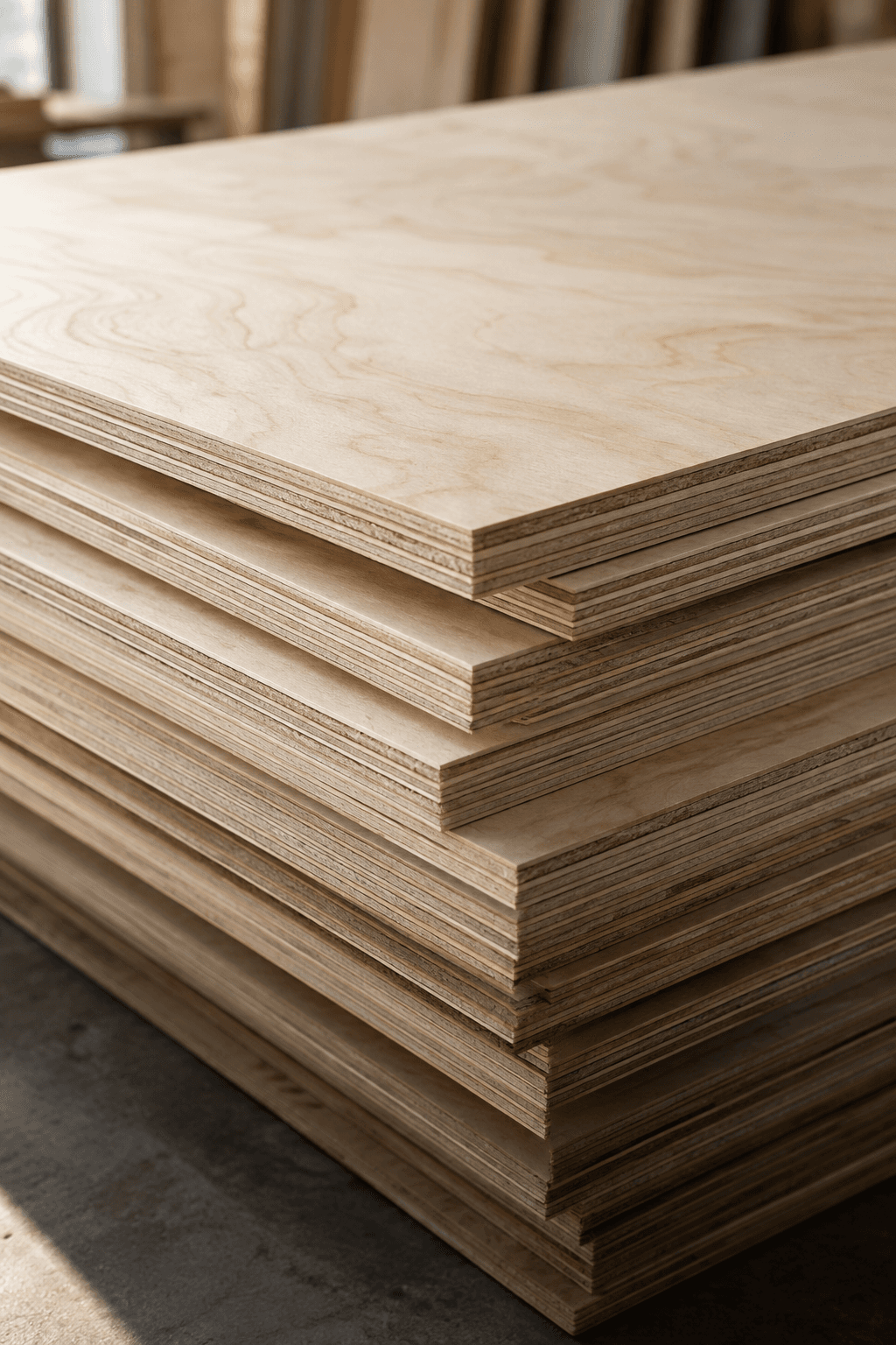 Stacked plywood panels showing natural veneer and layered edges