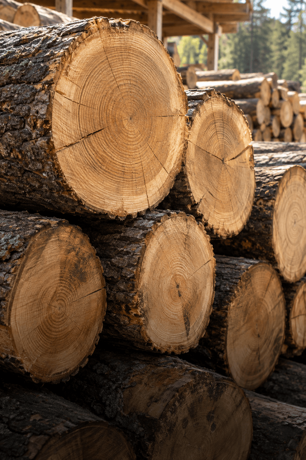 Timber logs in natural light, showing textured bark and growth rings