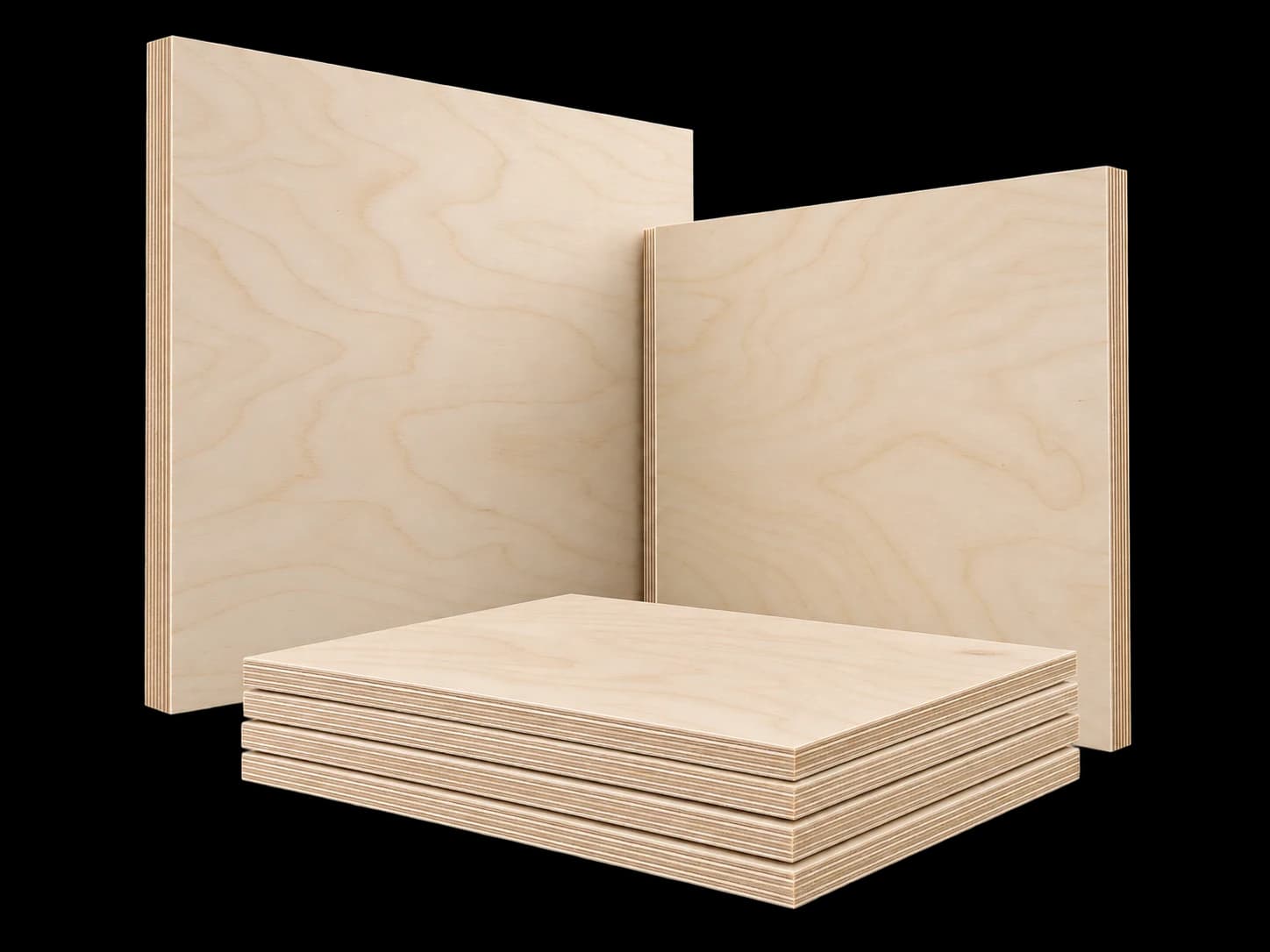 Horizontal and upright plywood panels displaying fine laminated edges