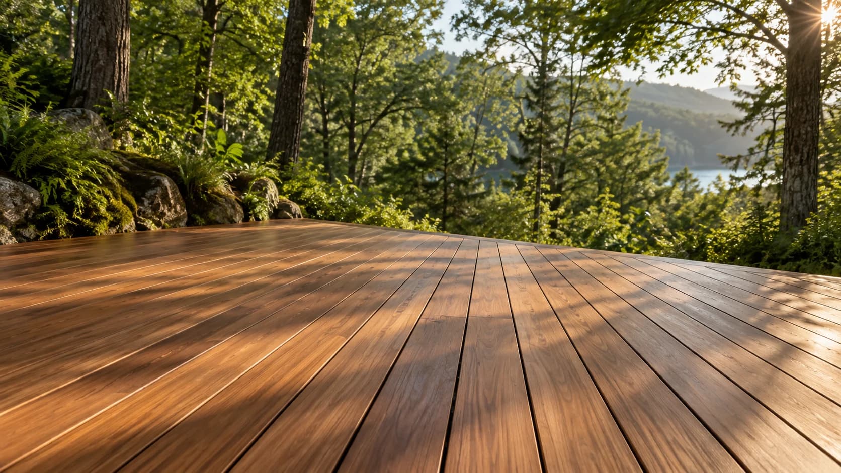 Warm hardwood decking with long parallel boards opening onto a woodland view