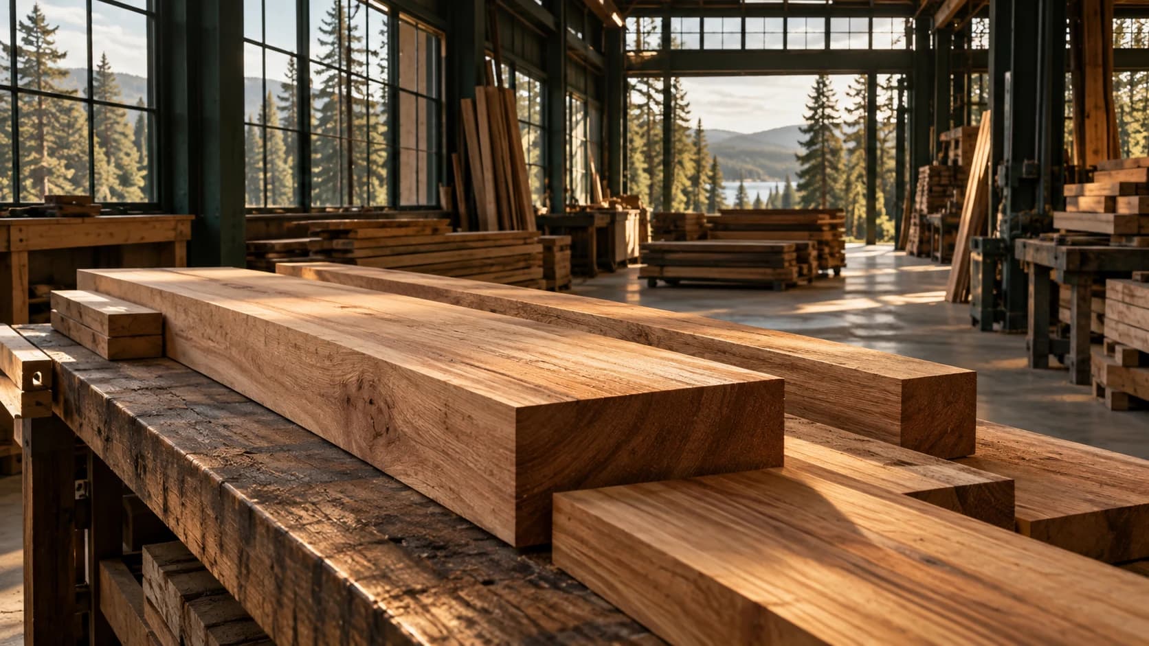 Sawn hardwood with visible natural grain in a warmly lit timber atelier